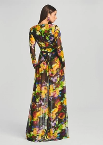 Detail view of long-sleeve floral maxi dress featuring colorful print and flowing fabric