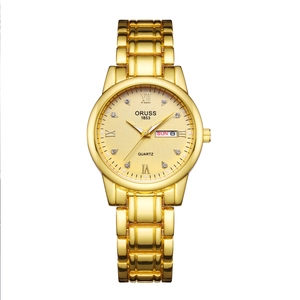 Classic gold quartz watch for women with roman numerals and calendar display window