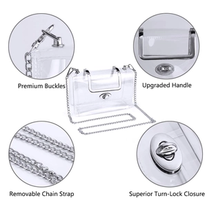 Clear PVC crossbody bag with silver chain strap and metal handle on white background