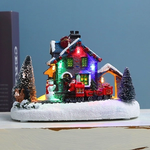 Maison Lumineuse De Noël Paysage Miniature Ornement Résine Maison De Neige Train Père Noël Bonhomme De Neige Décor