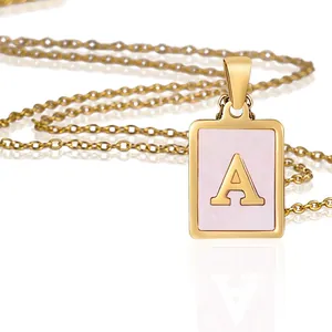 Initial Letter Necklace 18K Gold Plated 304 Stainless Steel Pink Shell Rectangular Pendant Elegant Fashion Women Jewelry