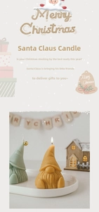 Detail of Santa and Gnome scented candles with metal bell charms and festive ornaments