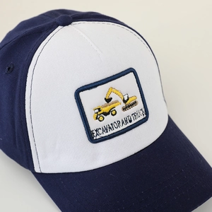Kids baseball cap with excavator embroidery in navy blue and white color block