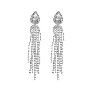 Élégantes boucles d'oreilles longues à pampilles argentées avec strass et cristaux