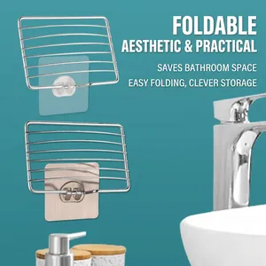 Wall-mounted foldable stainless steel soap dish with self-adhesive hook for bathrooms