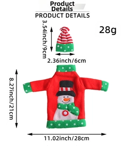 Detailed view of knitted snowman wine bottle sweater and hat with dimensions and size info