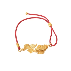 Vintage Chinese koi carp gold pendant bracelet with red braided rope and adjustable closure