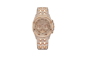 Macro detail of rose gold men's watch with full diamond inlay and Roman numerals