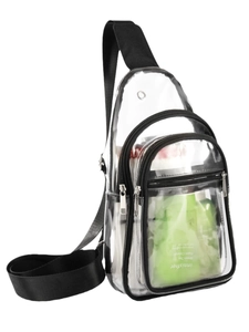 Waterproof clear PVC crossbody bag with black trim and adjustable nylon strap for travel