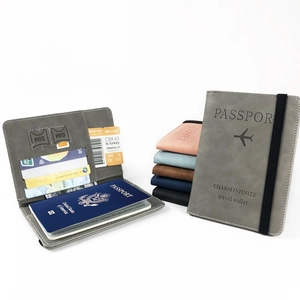Grey PU leather passport holder set with card slots and elastic strap closure