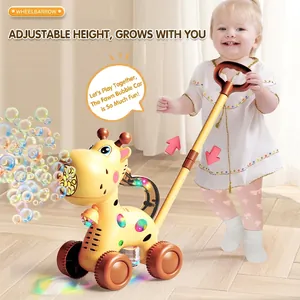 Adjustable yellow giraffe bubble lawn mower toy for toddlers in a home setting