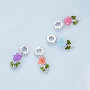 S925 sterling silver rose flower charms with colorful enamel petals and zircon inlay