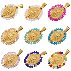 Pendentif Religieux Vierge Marie Acier Inoxydable Avec Perles Colorées Médaille Miraculeuse Ovale Relief Pour Bijoux