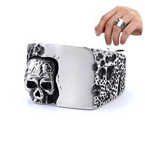 Skull Ring For Men Stainless Steel Vintage Gothic Punk Rock Biker Band Hammered Texture Jewelry