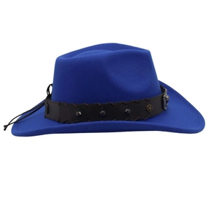 Detail of royal blue fedora hat featuring black leather band and silver metal bull emblem