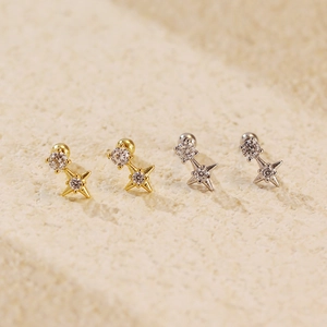 Elegant S925 silver double star stud earrings with zircon stones in gold and silver