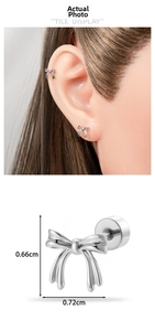 Detail of silver bow cartilage piercing stud with size dimensions and wearing demonstration