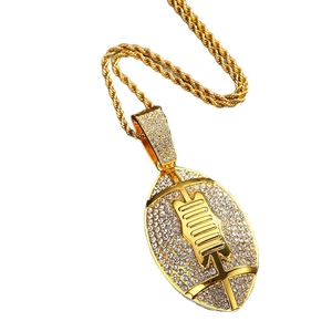 Gold-plated American football pendant necklace with rhinestones and a rope chain