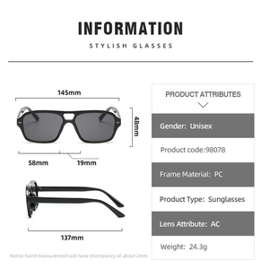 Tabla de tallas detallada y especificaciones de las gafas de sol de aviador doble puente
