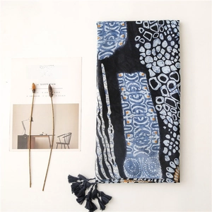 Ethnic blue patterned cotton linen scarf with geometric motifs and fringe details