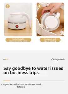 Detail of white collapsible electric kettle showing compact 13cm folded height for travel