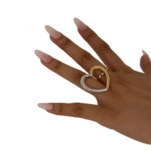 Minimalist heart-shaped stainless steel ring with two-tone gold and silver plating