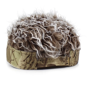 Macro shot of camouflage baseball cap featuring textured synthetic wig and adjustable strap