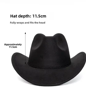 Detail of black wool fedora hat showing 11.5cm depth and textured felt material