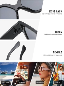 Detalle de plaquetas ergonómicas y bisagras reforzadas para gafas de sol negras de moda
