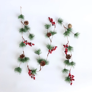 Artificial Christmas Pine Needle Garland With Natural Pinecones And Red Berries Realistic Green Rattan For Fireplace Mantle Decor