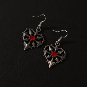 Gothic Punk Alloy Copper Heart Earrings Necklace Ring Set Antique Silver Red Zirconia Barbed Wire Thorns Jewelry For Halloween Women