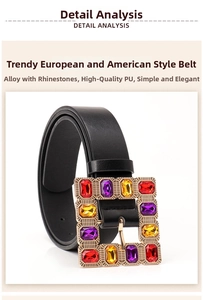 Detail of black PU leather belt with square alloy buckle and colorful rhinestones