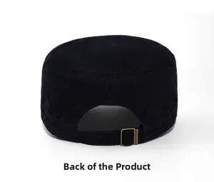 Detail view of the black cotton cadet cap featuring an adjustable antique bronze metal buckle