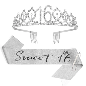 Silver Sweet 16 birthday party set with rhinestone tiara, glitter sash and pearl pin