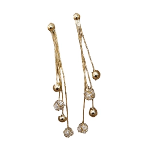 Elegant gold long crystal tassel earrings with sparkling rhinestone beads and dangles