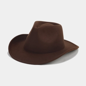Side view of brown felt fedora cowboy hat with a wide brim and classic crown design