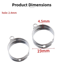 Macro detail of adjustable stainless steel ring base with dimensions and loop hole size