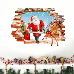 3D Christmas wall sticker with Santa and reindeer bursting through a red brick wall