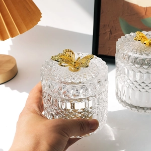 French vintage relief glass storage jar with a gold butterfly handle for home decor