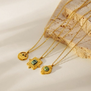 Bohemian gold plated stainless steel necklaces with green turquoise natural stone pendants