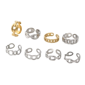 Set of 8 minimalist 18k gold plated open adjustable chain rings in gold and silver
