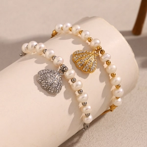 Artificial Pearl Shell Pendant Bracelet For Women Stainless Steel 18K Gold Plated Adjustable Slide Clasp Elegant Vintage Ocean Style