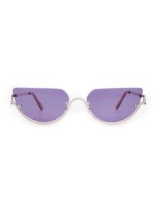 Detail view of semi-rimless cat-eye sunglasses with purple lenses and silver metal frame