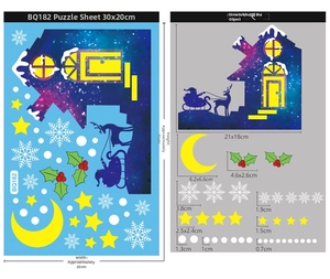 Size chart showing dimensions of Christmas wall stickers with starry house and snowflakes