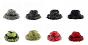 Faux fur bucket hats shown in eight vibrant colors including grey, green and deep red