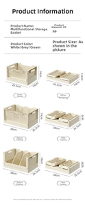 Detailed size chart for collapsible PP plastic storage baskets with dimensions in centimeters