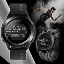 Detail of square digital sports watch with black silicone strap and waterproof LED display