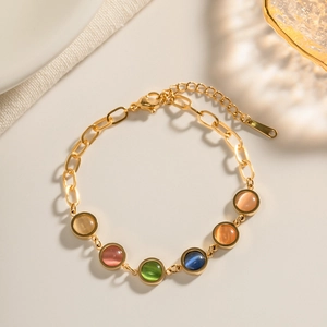 Bracelet En Pierre Oeil De Chat Ronde Colorée Pour Femmes Chaîne En Acier Inoxydable Plaquée Or 18K Bijoux De Mode