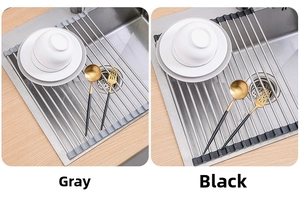 Foldable stainless steel sink drying rack in gray and black finishes for kitchen storage
