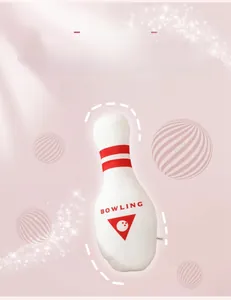 Detail of soft bowling pin plush pillow with red stripes and bowling logo embroidery